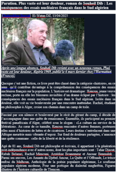 Parution. Plus vaste est leur douleur, roman de Souheil Dib: Les conséquences des essais nucléaires français dans le Sud algérien