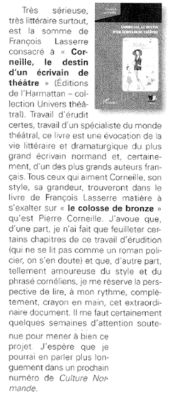 Article de presse sur l'ouvrage Corneille le destin d'un écrivain de théâtre de François Lasserre