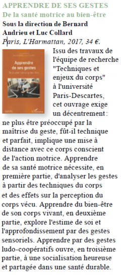 Recension de l'ouvrage Apprendre de ses gestes de Bernard Andrieu et Luc Collard