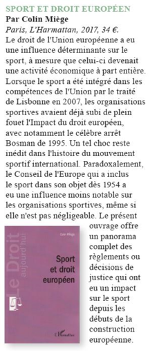 Article de presse sur l'ouvrage Sport et droit européen de Colin Miège